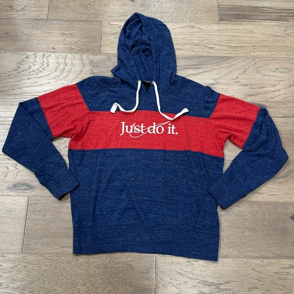 Nike Tops - Nike Just Do It Sweatshirt Gym Drawstring Hoodie Women's Large Center Stripe